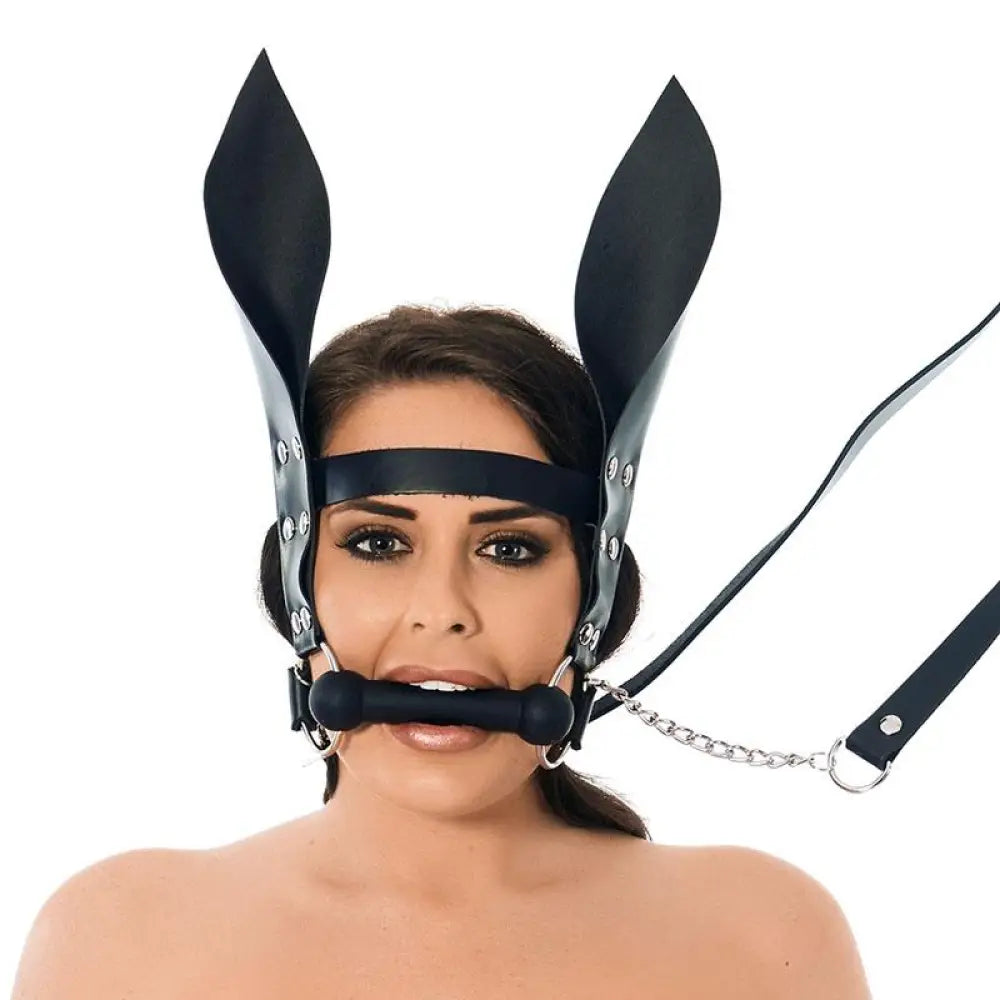 Rimba leather horsebit mouth gag with reins and ears - peaches and screams