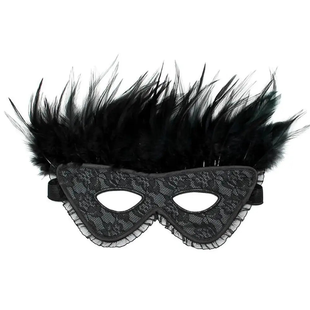 Rimba satin black feather mask with elastic straps - peaches and screams