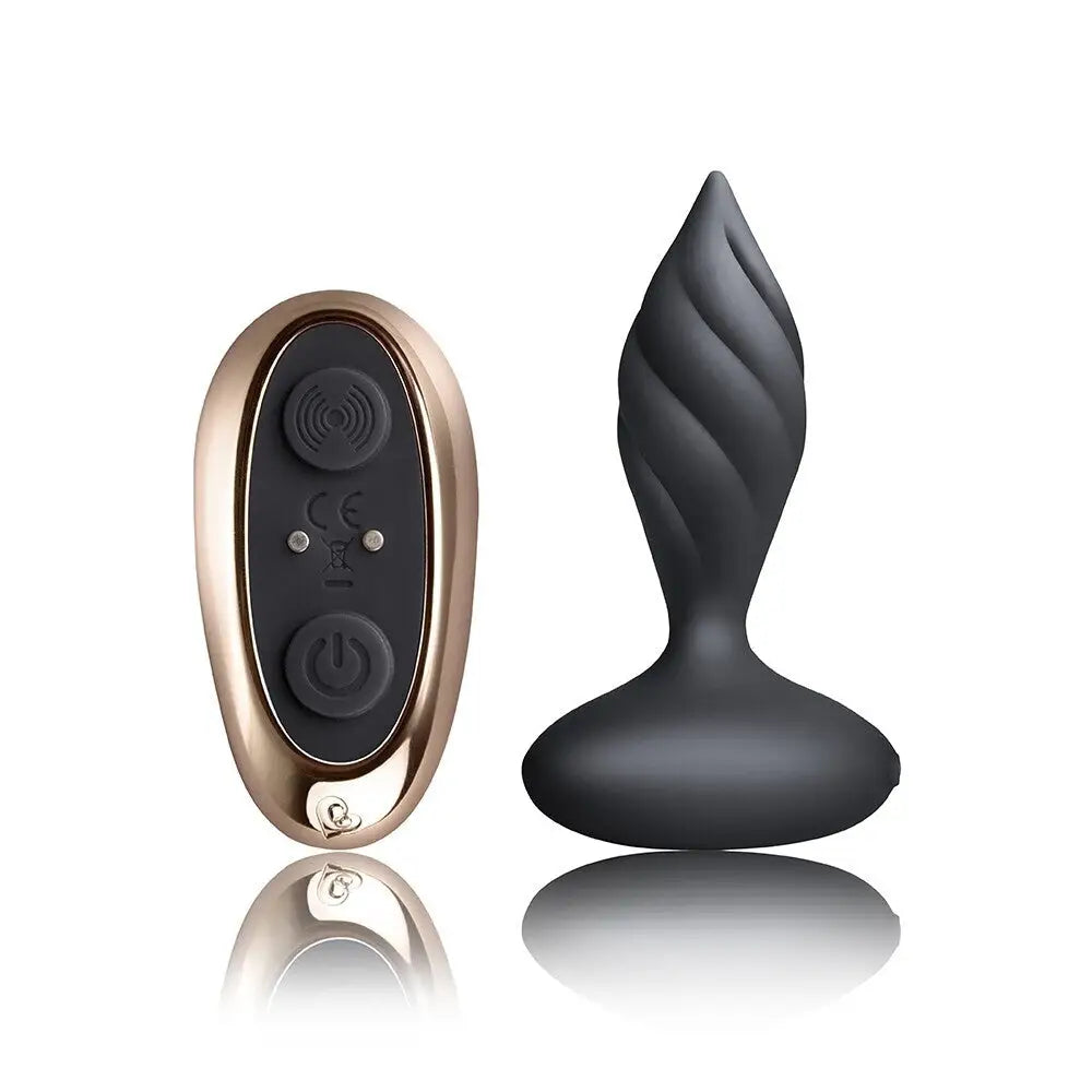 Rocks off 4 inch silicone black rechargeable butt plug with remote - peaches and screams