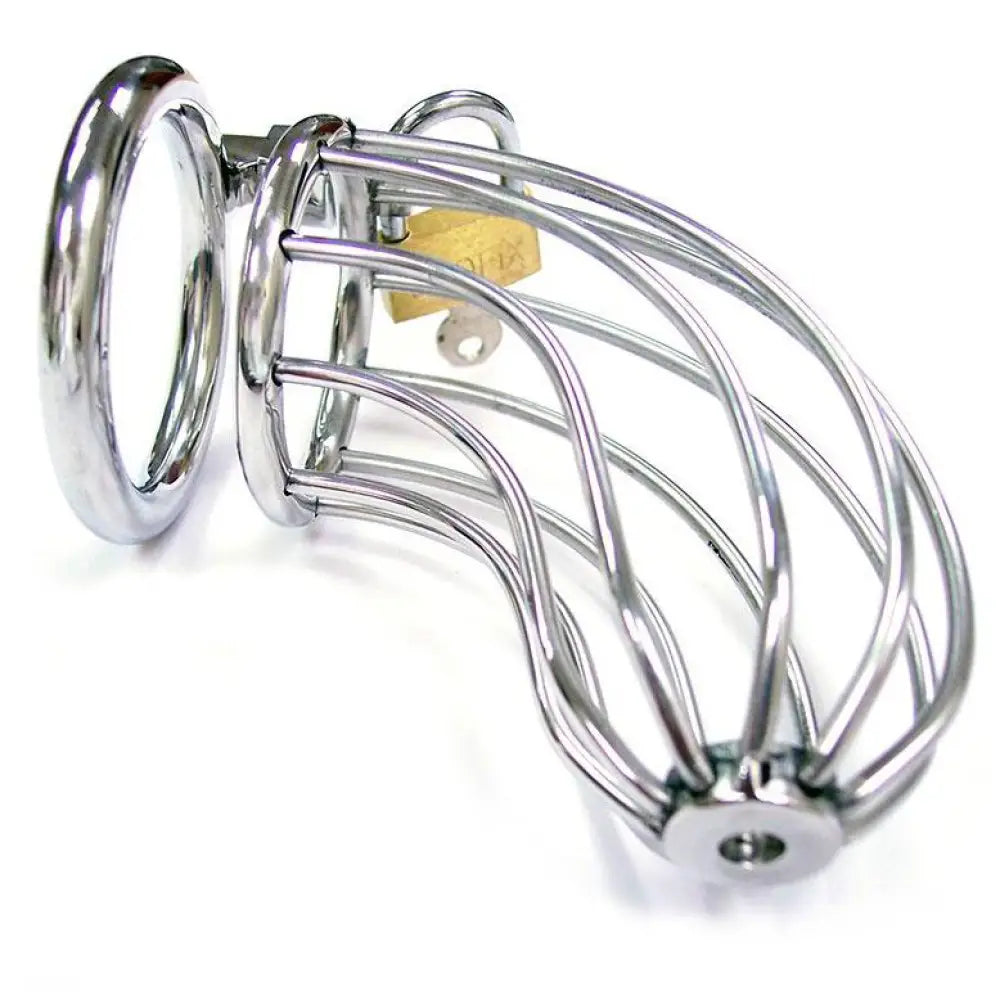 Rouge stainless steel silver male chastity cage with padlock - peaches and screams