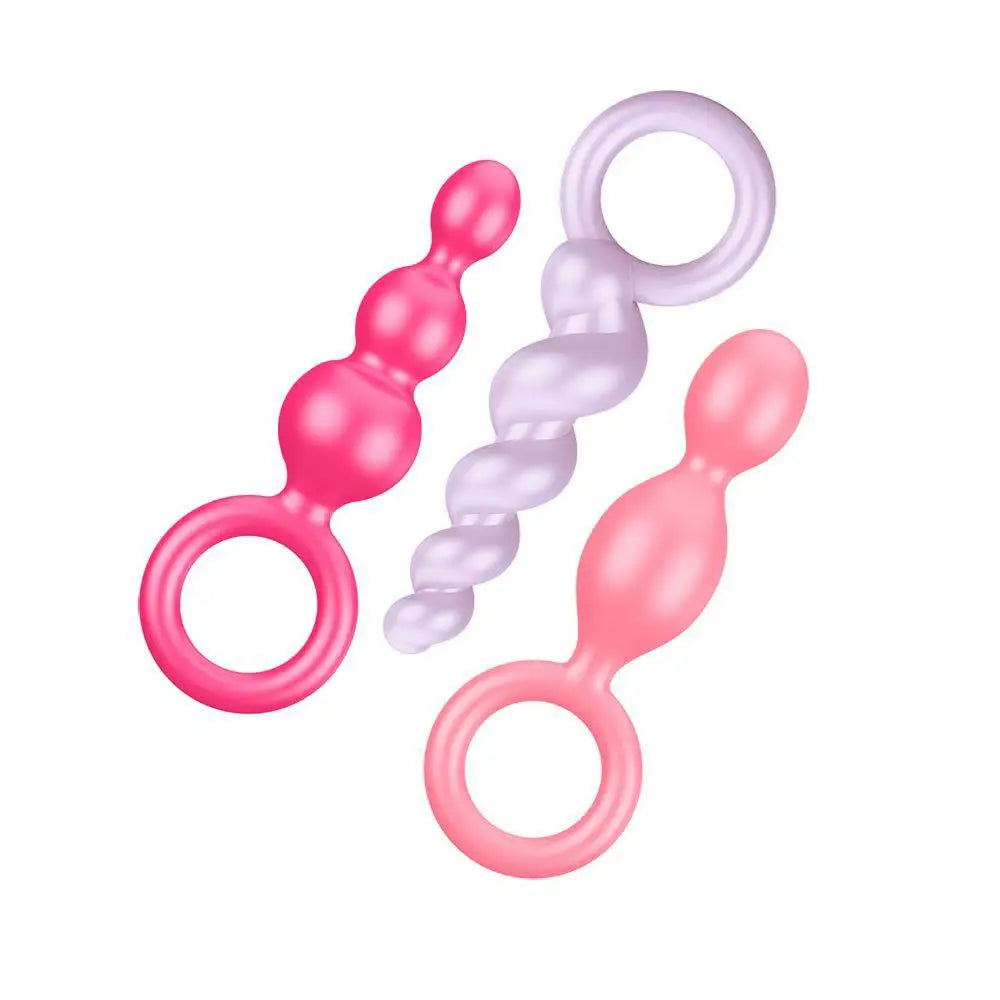 Satisfyer pro silicone pink butt plug set of 3 with loops - peaches and screams