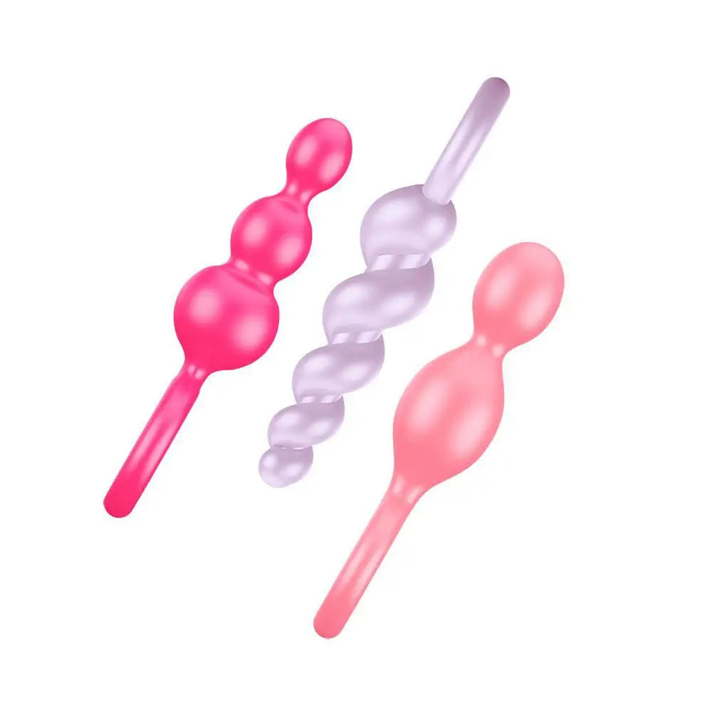 Satisfyer pro silicone pink butt plug set of 3 with loops - peaches and screams