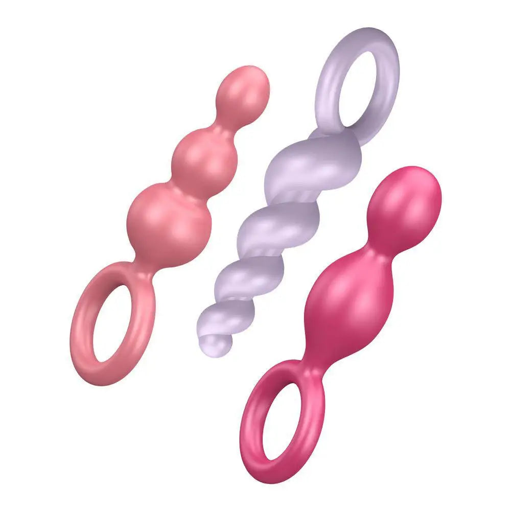 Satisfyer pro silicone pink butt plug set of 3 with loops - peaches and screams