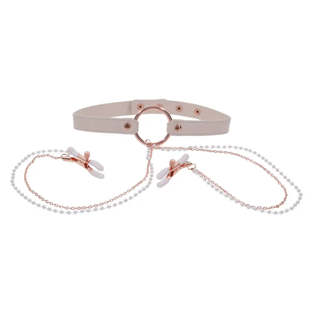 Sex and mischief collar with nipple clamps in faux leather - peaches and screams