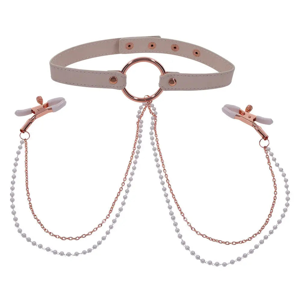 Sex and mischief collar with nipple clamps in faux leather - peaches and screams