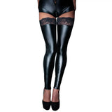 Sexy wet look stretchy black footless lace top stockings - large - peaches and screams