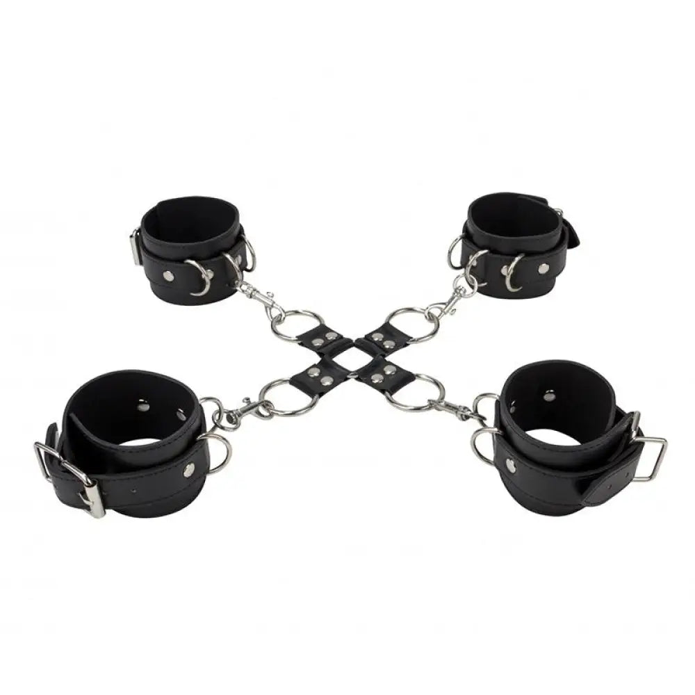 Shots black leather hand and leg cuffs with buckles - peaches and screams
