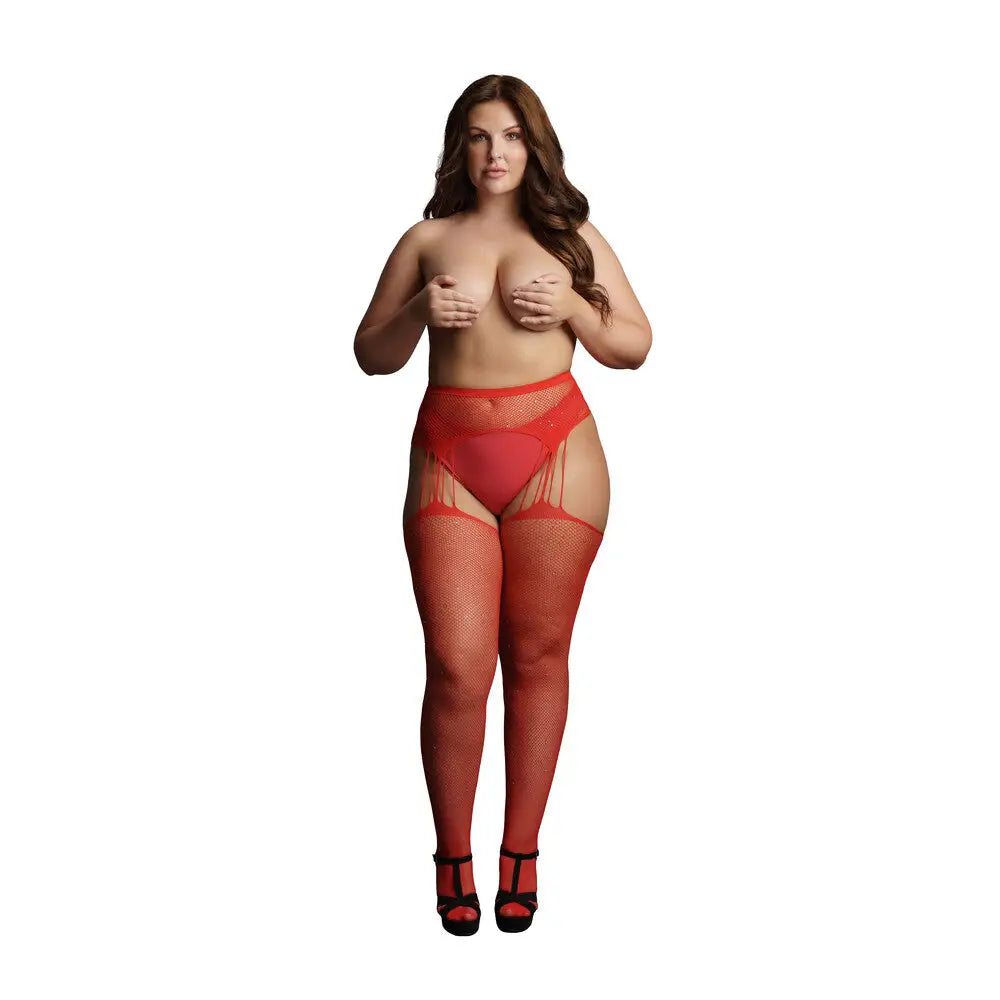 Shots nylon red plus size suspender stockings uk 14 to 20 - peaches and screams