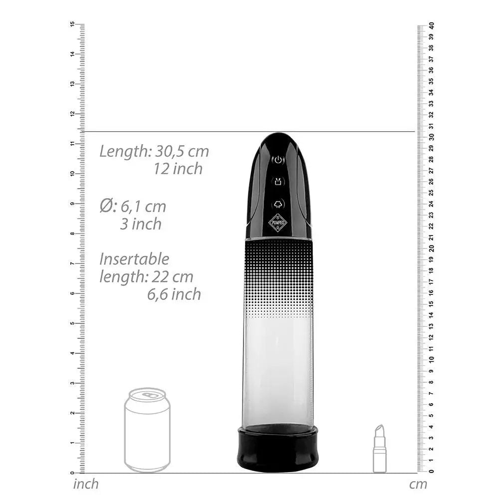 Shots pumped 12 inch rechargeable penis pump black 20cm cylinder - peaches and screams