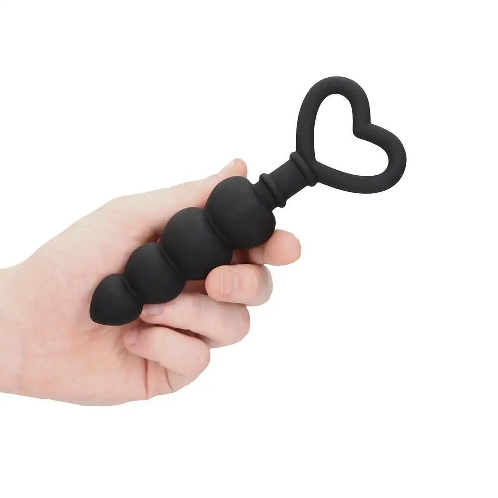 Shots silicone black anal beads with finger loop 6 inch - peaches and screams