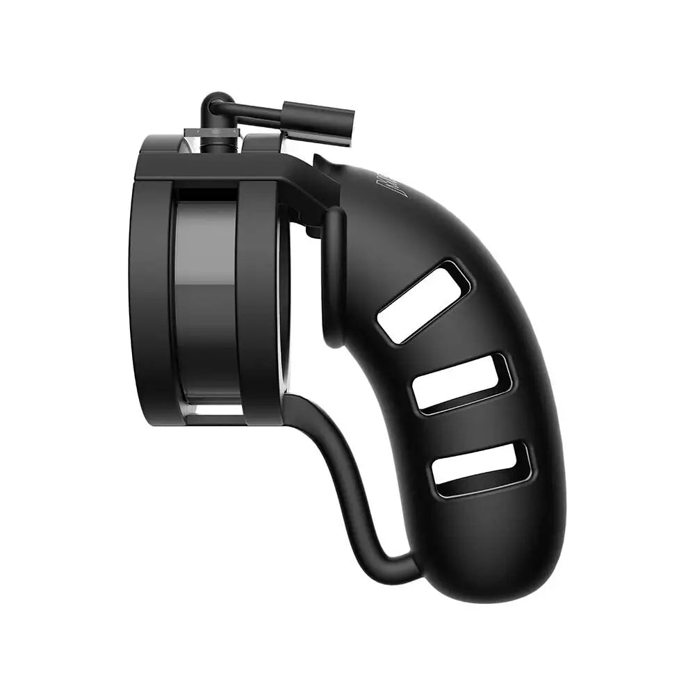 Shots silicone black male chastity cage with ball splitter - peaches and screams