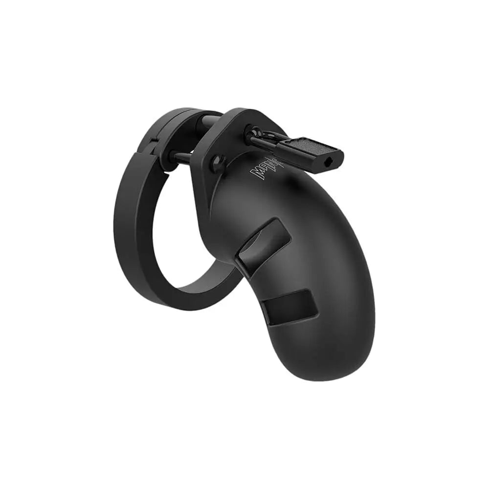 Shots silicone black male chastity cage with padlock 3.5 inch - peaches and screams