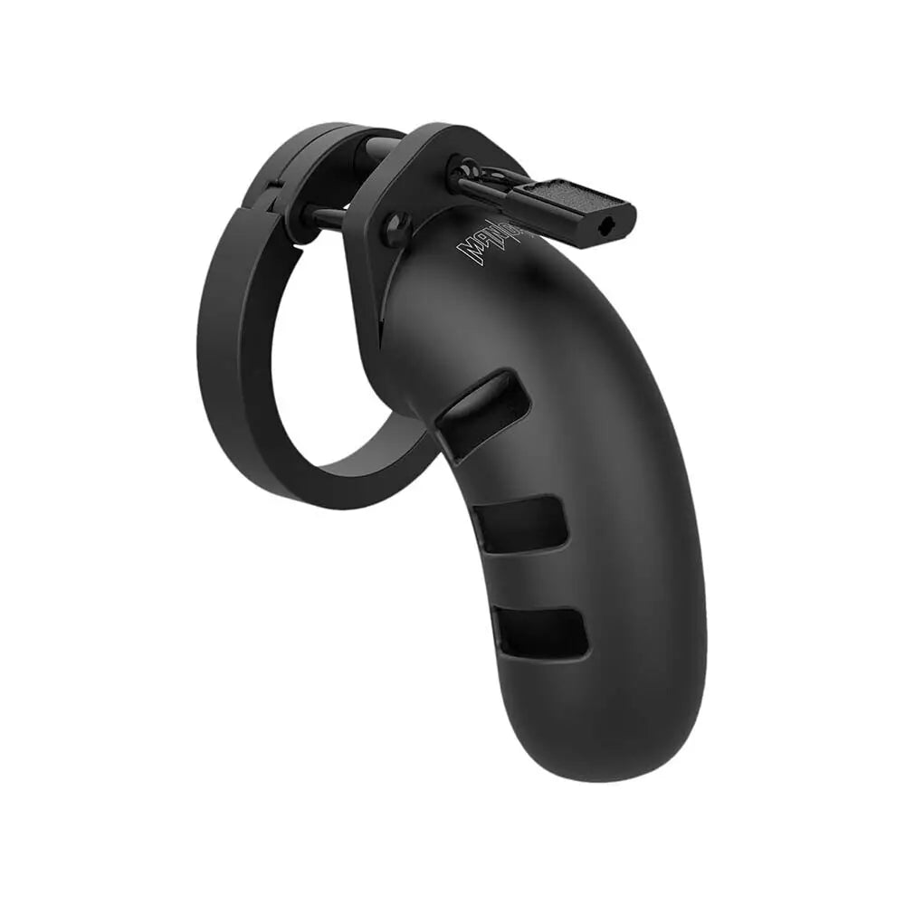 Shots silicone black male chastity cage with padlock 4.5 inch - peaches and screams
