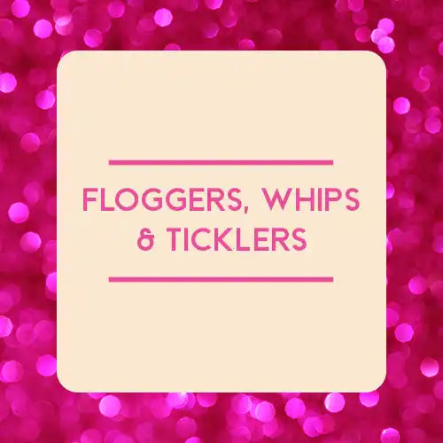 Sign reading ’FLOGGERS, WHIPS & TICKLERS’ on a light-colored square against a pink sparkly background.