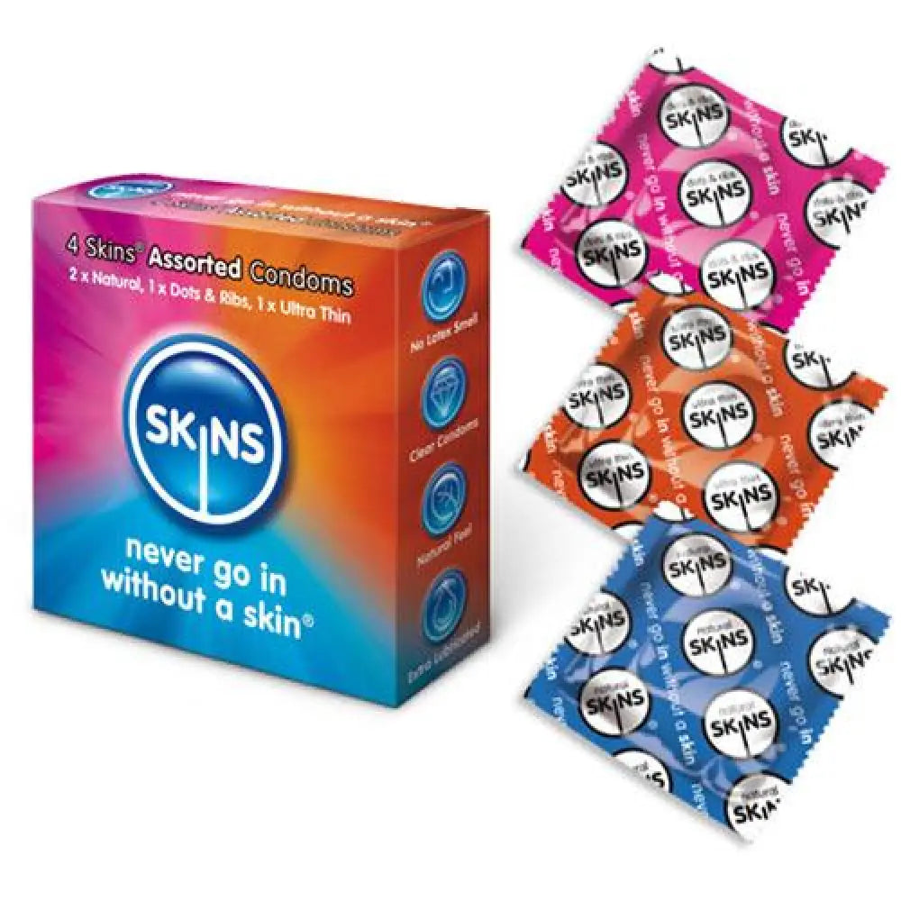 Skins assorted lubricated natural condoms 4 pack - peaches and screams