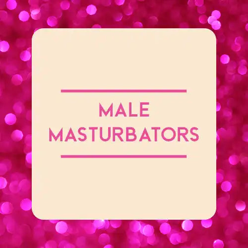 Square beige sign with pink text reading ’MALE MASTURBATORS’ against a sparkly pink background.