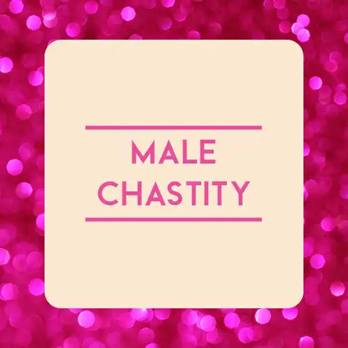 Square cream-colored card with ’MALE CHASTITY’ written in pink text.