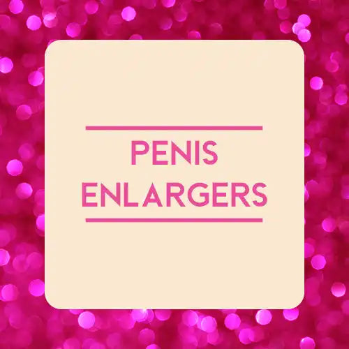 Square cream-colored card with ’PENIS ENLARGERS’ written in pink text.