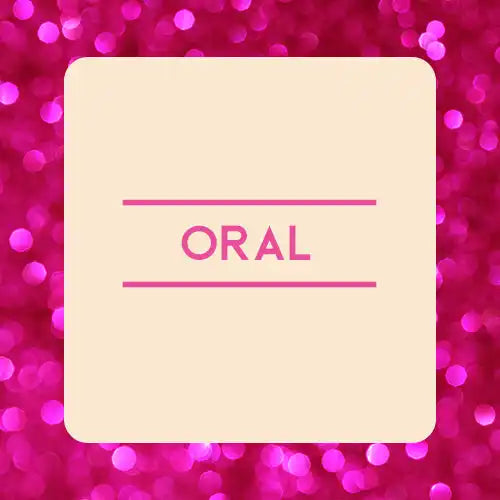 Square cream-colored card with the word ’ORAL’ in pink text.