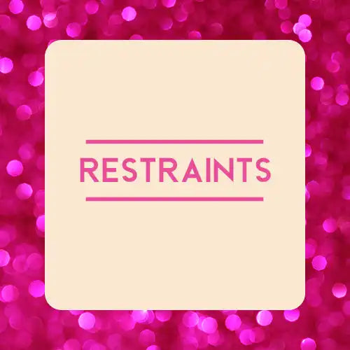 Square cream-colored card with the word ’RESTRAINTS’ in pink text.