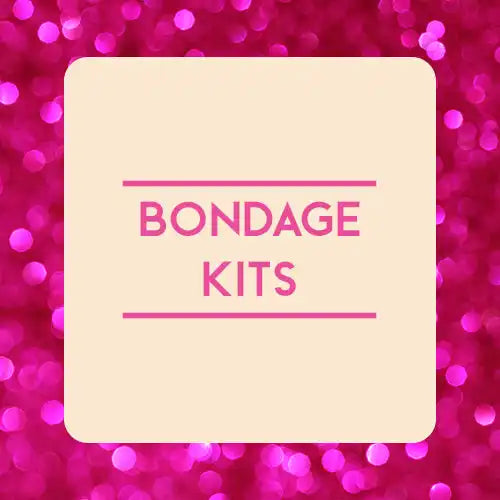 Square cream-colored label with ’BONDAGE KITS’ written in pink text.