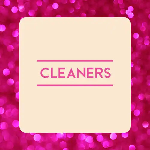 Square cream-colored sign with the word ’CLEANERS’ in pink text.