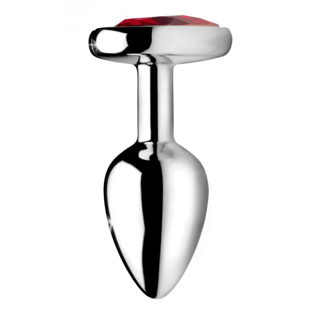 Stainless steel silver medium anal plug with red heart gem - peaches and screams