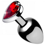 Stainless steel silver medium anal plug with red heart gem - peaches and screams