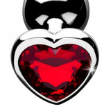 Stainless steel silver medium anal plug with red heart gem - peaches and screams