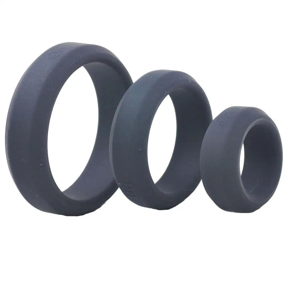 Stretchy triple black silicone cock ring set 3 pack - peaches and screams