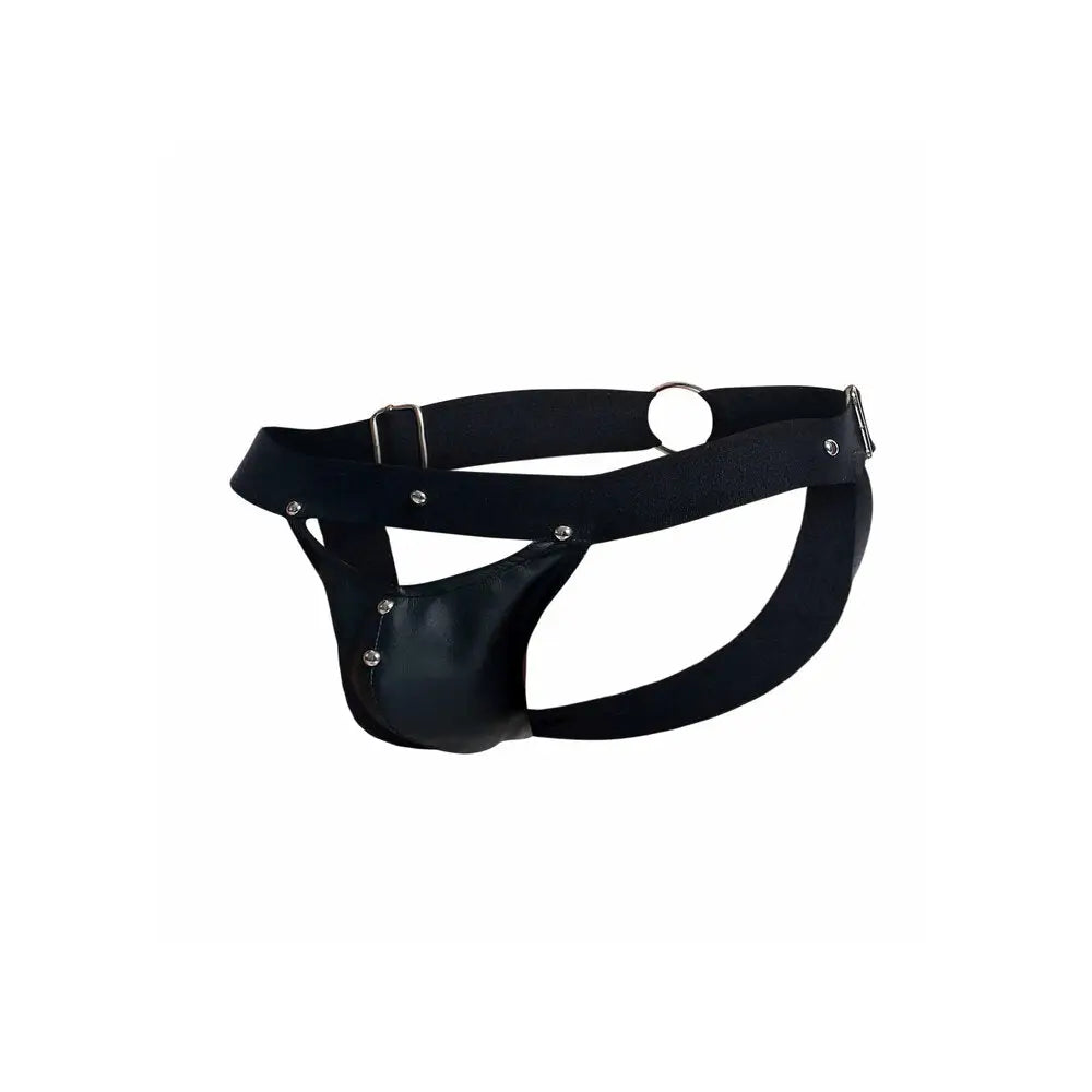 Studded black leather male peekaboo jockstrap one size - peaches and screams