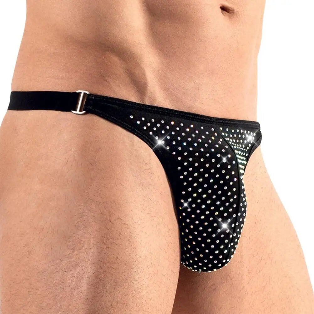 Svenjoyment black string thong with rhinestones for men - medium - peaches and screams