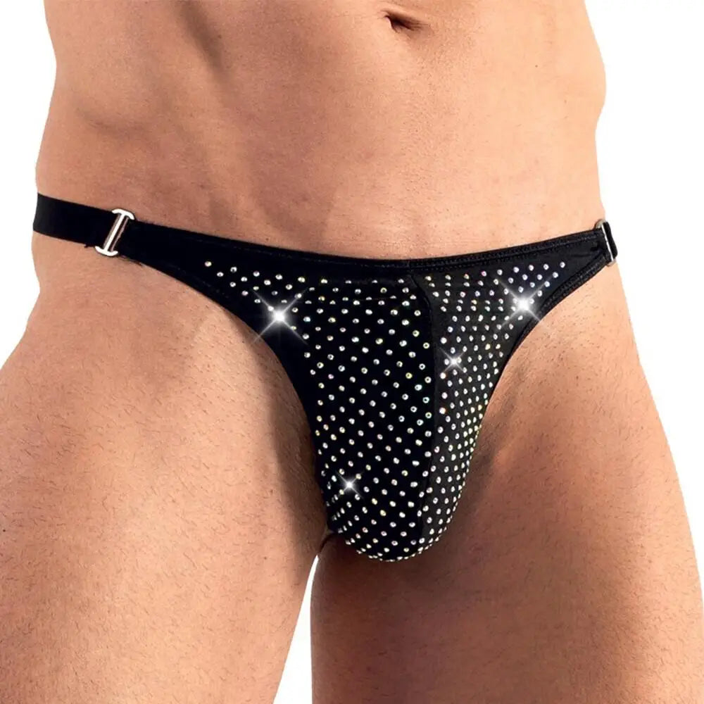 Svenjoyment black string thong with rhinestones for men - small - peaches and screams