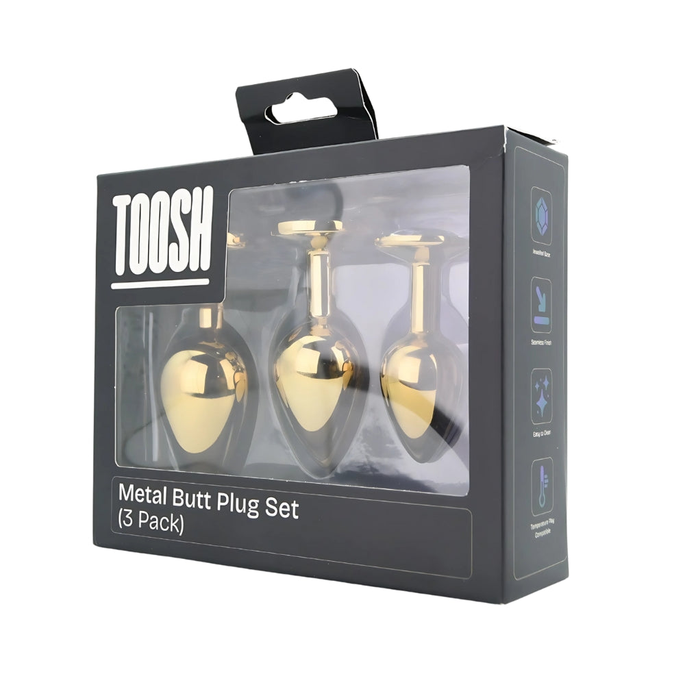 Toosh metal butt plug gold set of 3 clear stone - butt plugs peaches and screams