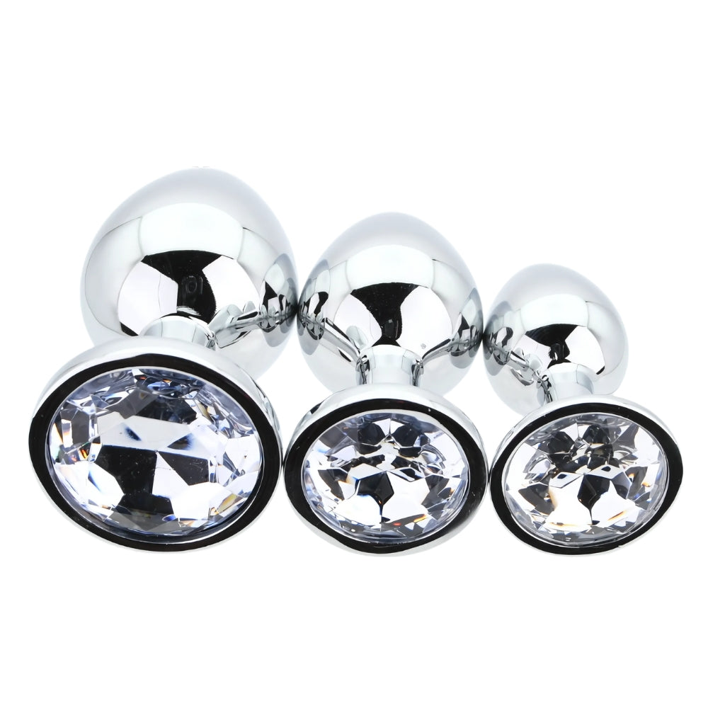 Toosh metal butt plug silver set of 3 clear stone - butt plugs peaches and screams