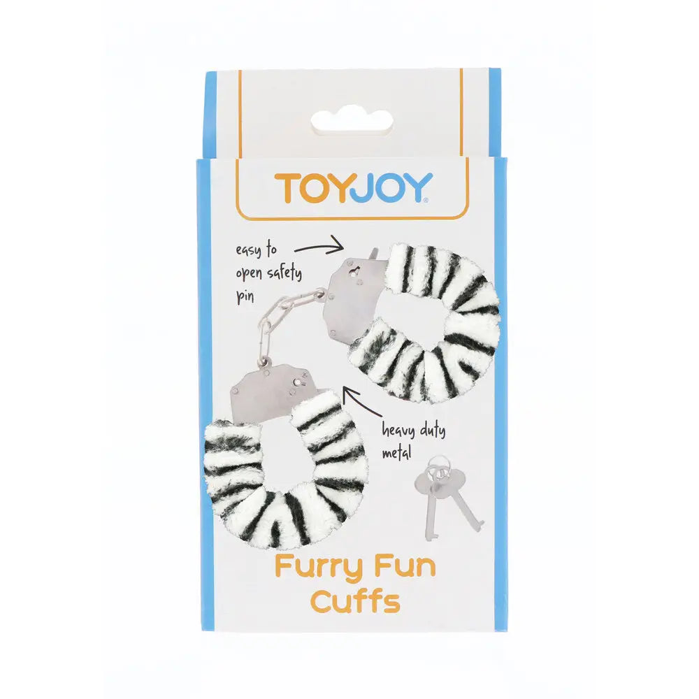 Toyjoy metal zebra furry fun wrist cuffs with keys - peaches and screams