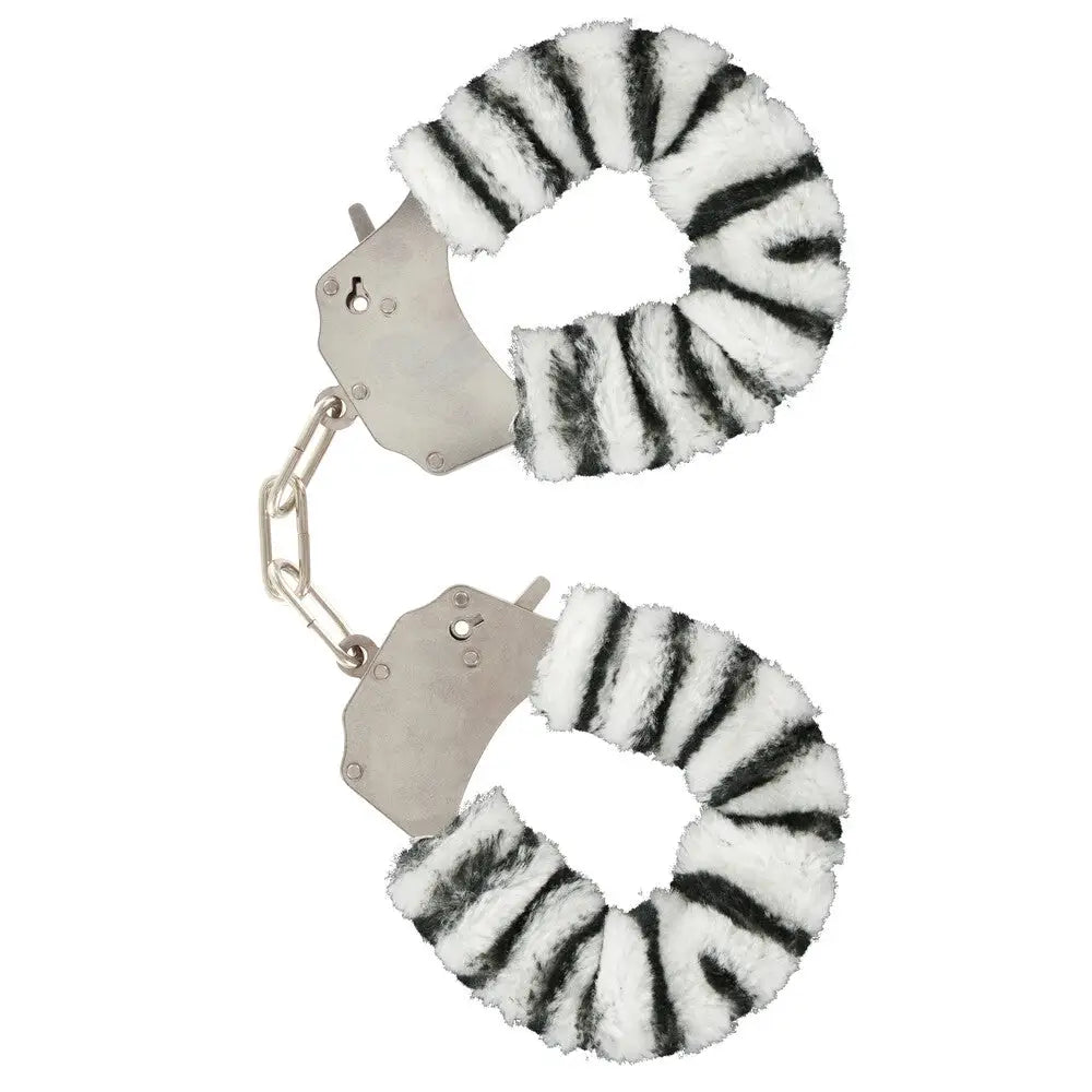 Toyjoy metal zebra furry fun wrist cuffs with keys - peaches and screams