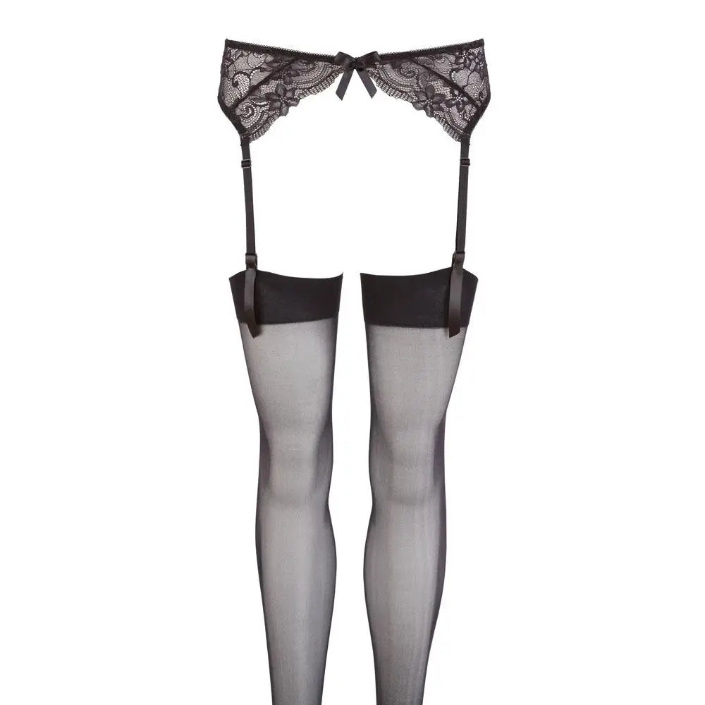 Wet look black lace suspender stockings adjustable straps - peaches and screams