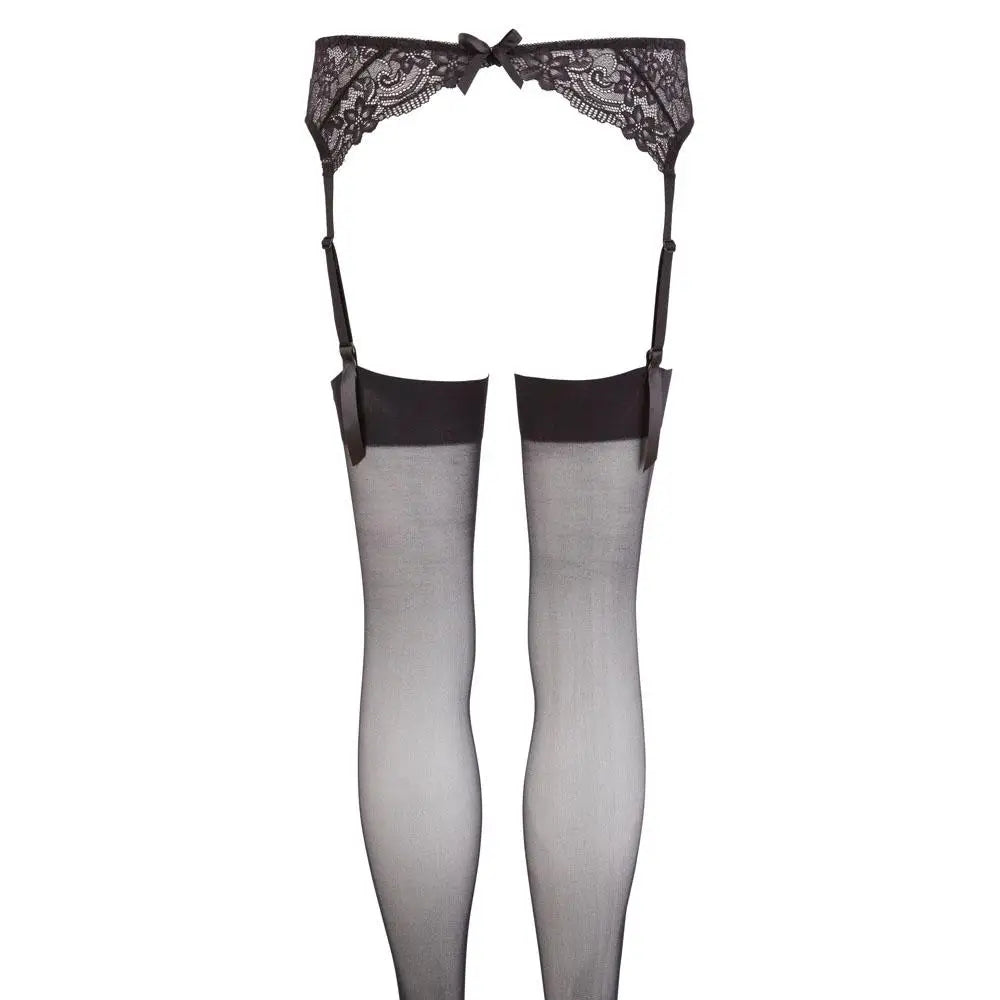 Wet look black lace suspender stockings adjustable straps - peaches and screams