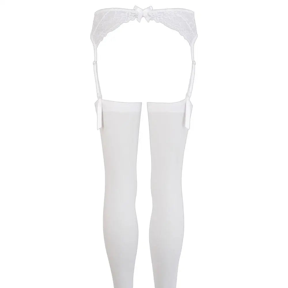 Wet look white lace suspender stockings with straps - peaches and screams