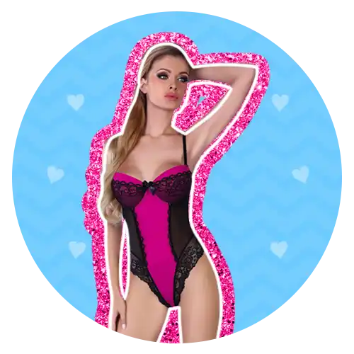 Woman posing in a pink and black lingerie bodysuit with a glittery pink outline.