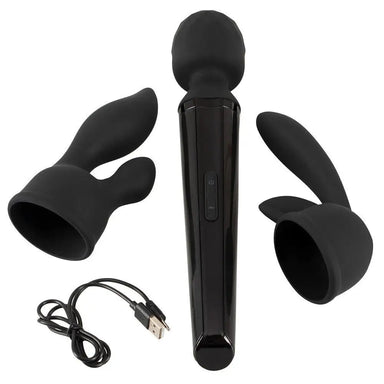 You2toys Silicone Black Rechargeable Wand Vibrator With 2 Attachments - Peaches and Screams