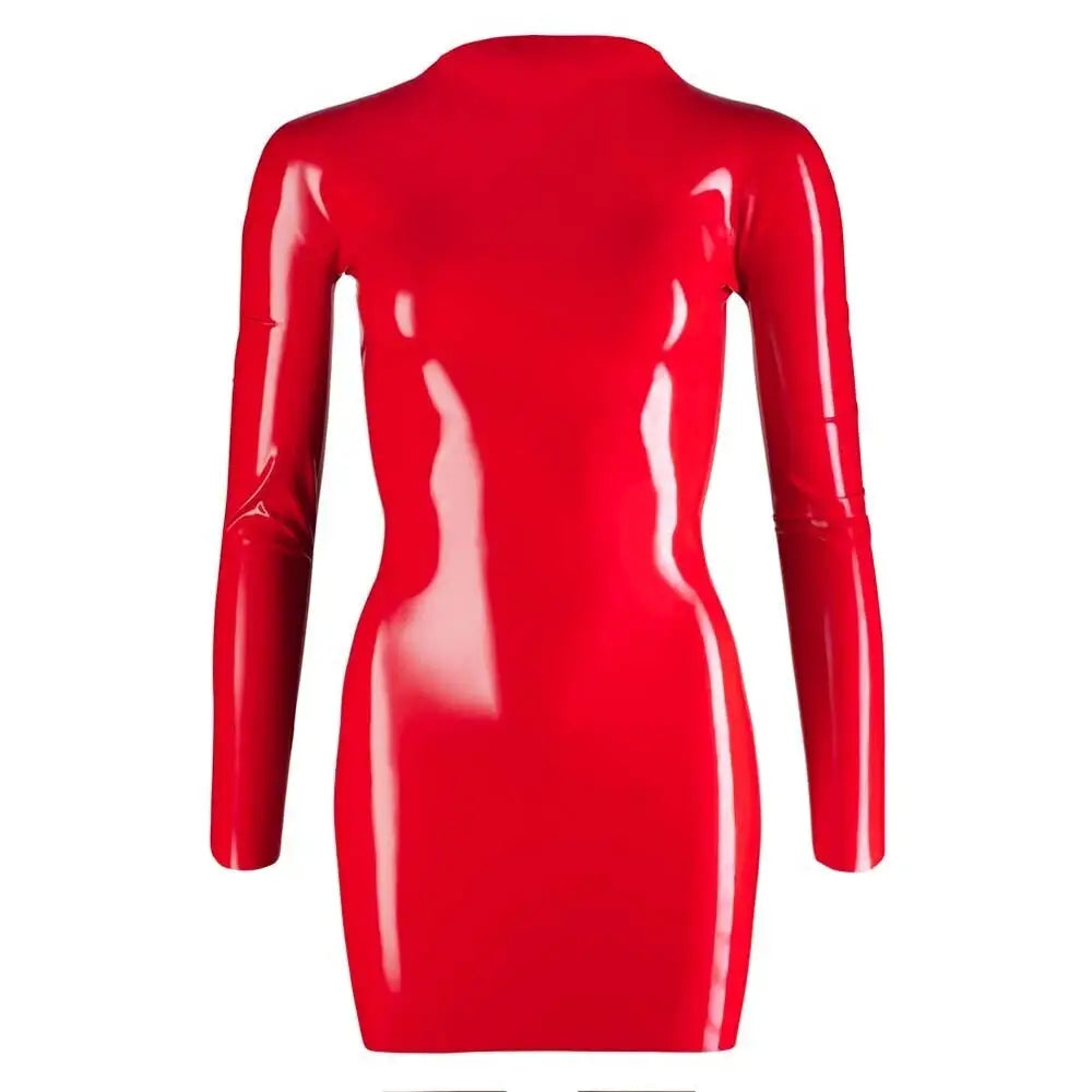 Zip Up Latex Red Mini Dress with Long Sleeves - Small - Peaches and Screams