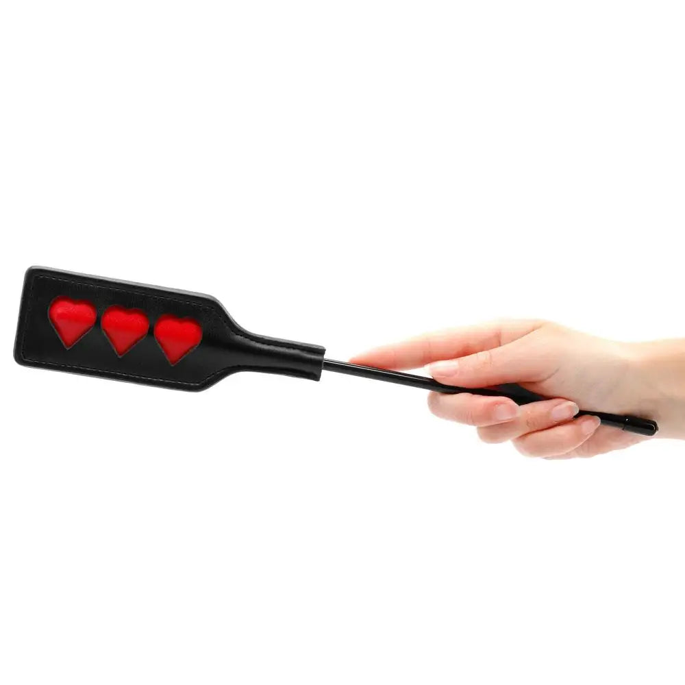 12 Inch Shots Toys Black Leather Small Heart Bondage Crop - Peaches and Screams