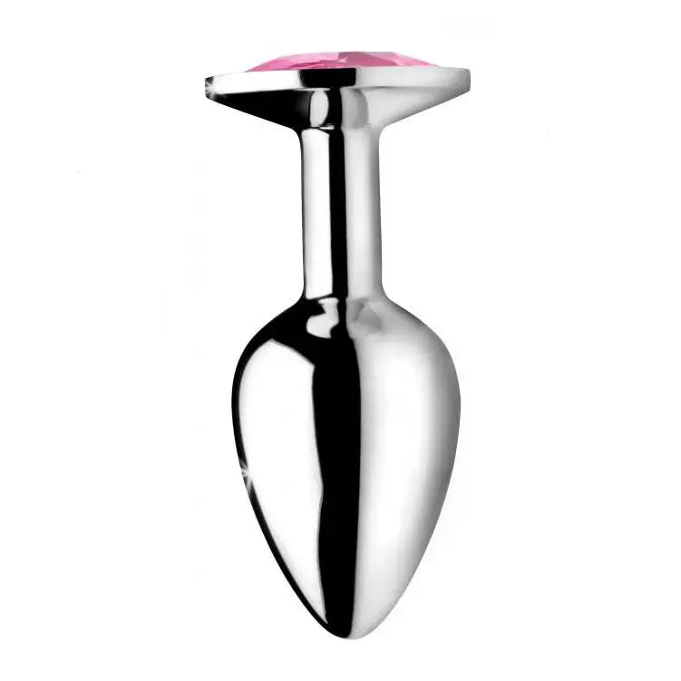 3.2-inch Stainless Steel Silver Medium Anal Plug with Pink Gem - Peaches and Screams