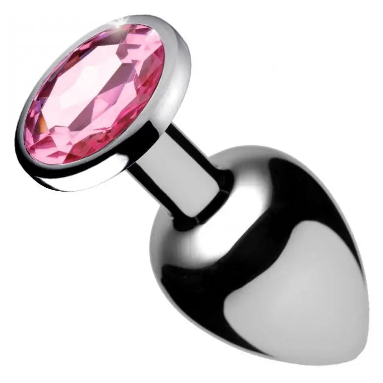 3.2-inch Stainless Steel Silver Medium Anal Plug with Pink Gem - Peaches and Screams