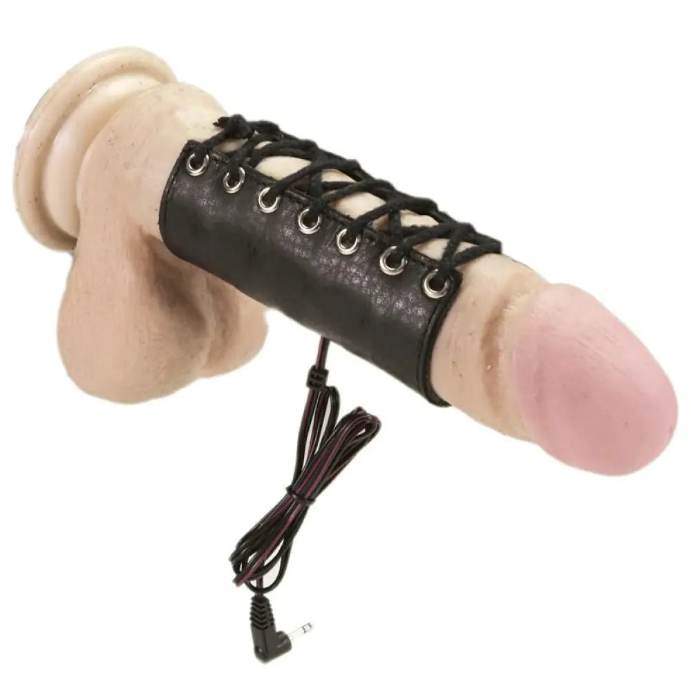 3.9 Inch Rimba Electro Stimulation Black Leather Cock Sleeve - Peaches and Screams