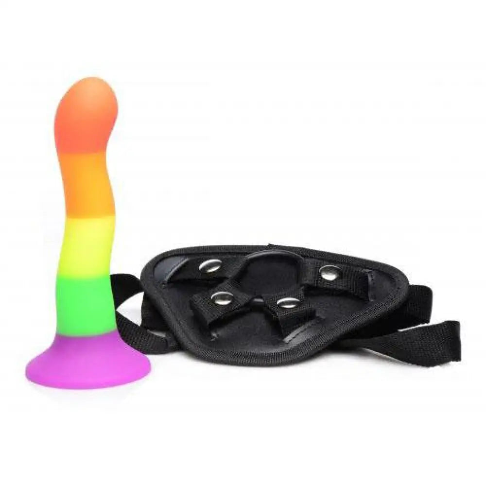 7.2 inch rainbow silicone large strap on dildo with harness - peaches and screams