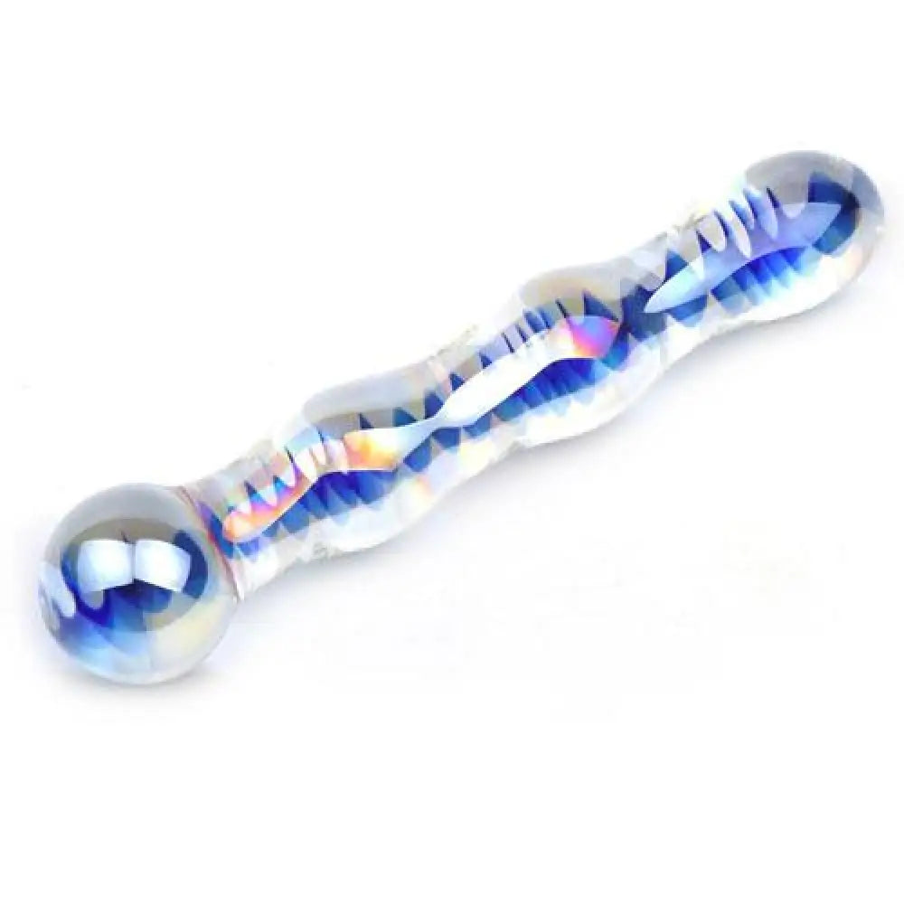 7 inch blue wavy ribbed glass dildo for her - peaches and screams