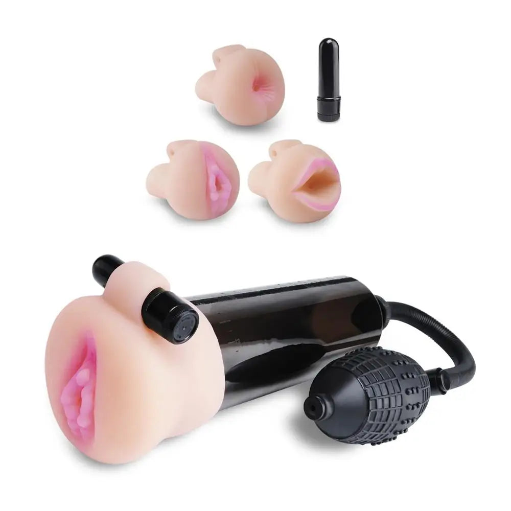 8 Inch Pump Male Masturbator With Bullet And 3 Attachments - Peaches and Screams